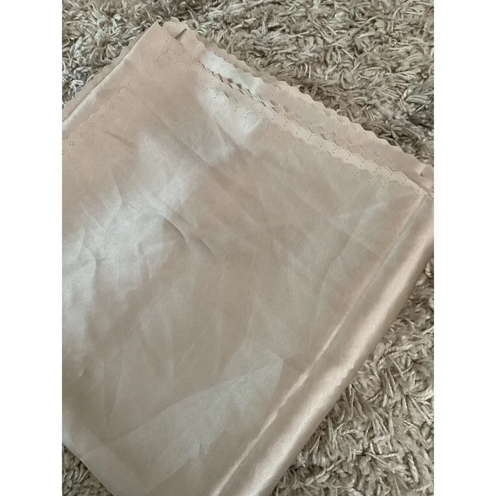 Champagne Satin Table Cloth Scalloped Eyelet Edge Table Covering Beige 108